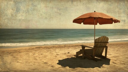 Tranquil beach scene with a wooden chair and umbrella.