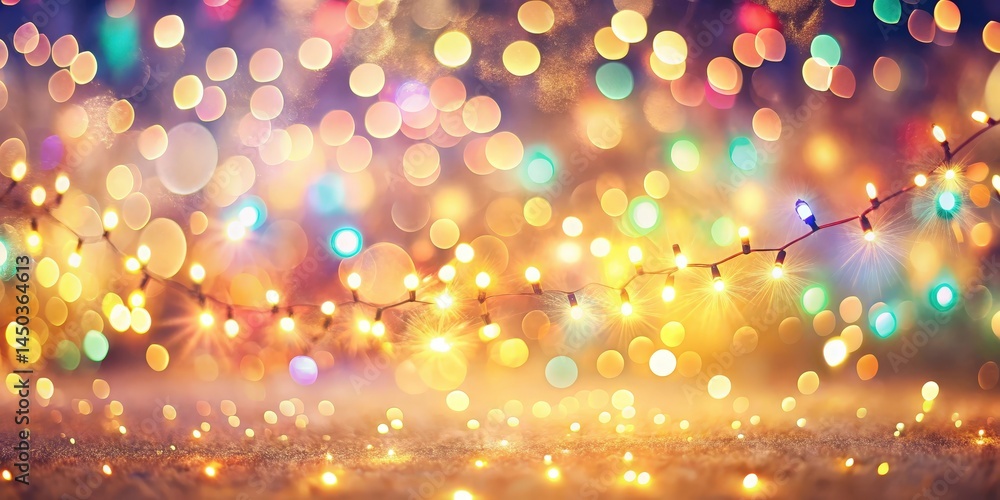 Poster sparkling festive lights blurred background with a golden sheen and a string of glowing bulbs