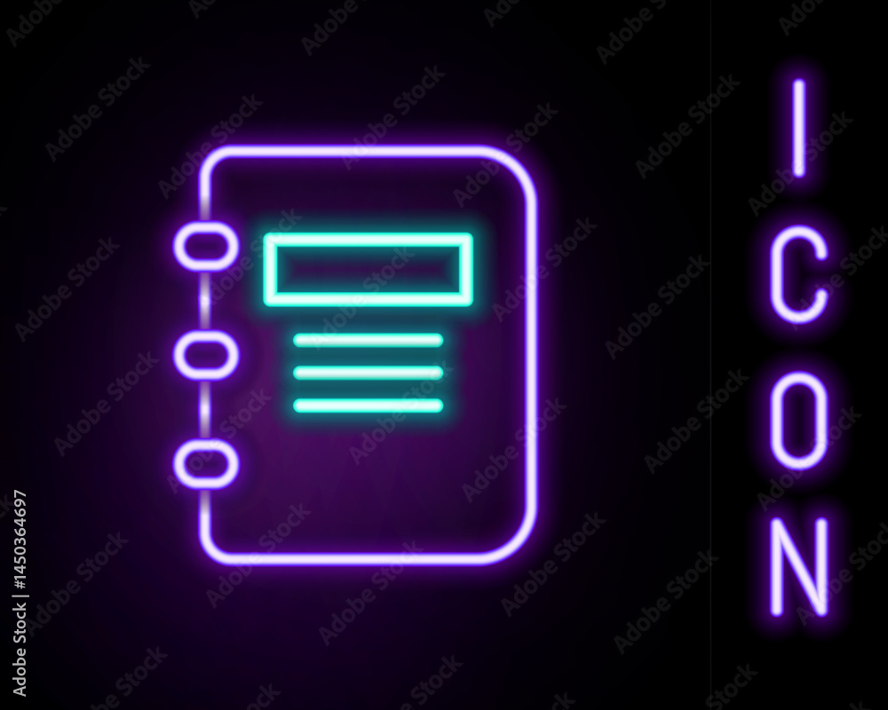 Poster glowing neon line notebook icon isolated on black background. spiral notepad icon. school notebook. 