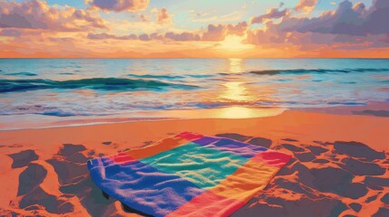 Colorful beach blanket at sunrise.