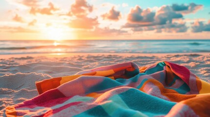 Colorful beach blanket at sunset over the ocean.