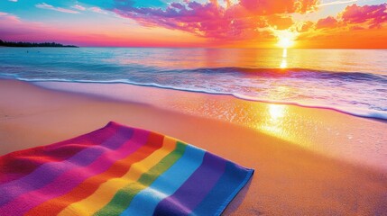 Colorful beach scene at sunrise with rainbow towel.