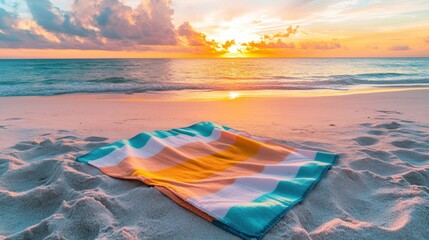 Colorful beach blanket at sunset on a sandy shore.