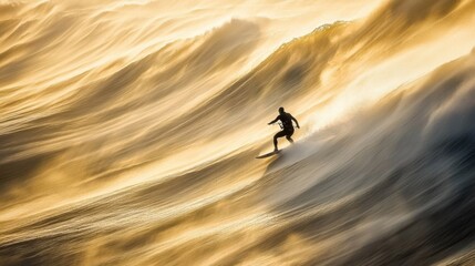 Golden sunrise waves surge around a surfer.