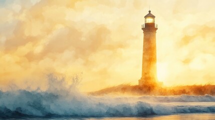 Sunrise illuminating a solitary lighthouse on the shore.
