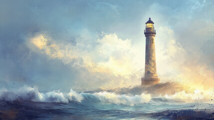 Lighthouse standing tall amidst turbulent seas.