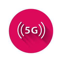 White 5G new wireless internet wifi connection icon isolated with long shadow. Global network high speed connection data rate technology. Pink hexagon button. Vector