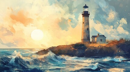 Lighthouse standing tall over a coastal landscape at sunset.
