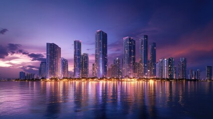 Fototapeta premium City skyline at twilight. Modern skyscrapers reflected in tranquil water