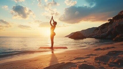 Silhouette of a person practicing yoga on a beach at sunrise.