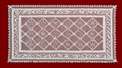 Intricate Handcrafted Lace Tablecloth with Geometric Patterns on Rich Red Background