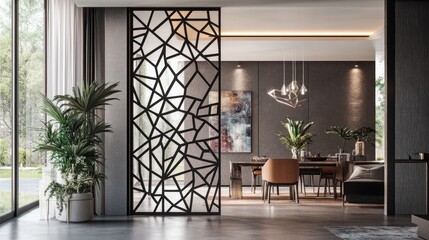 Modern open-plan living space with decorative divider