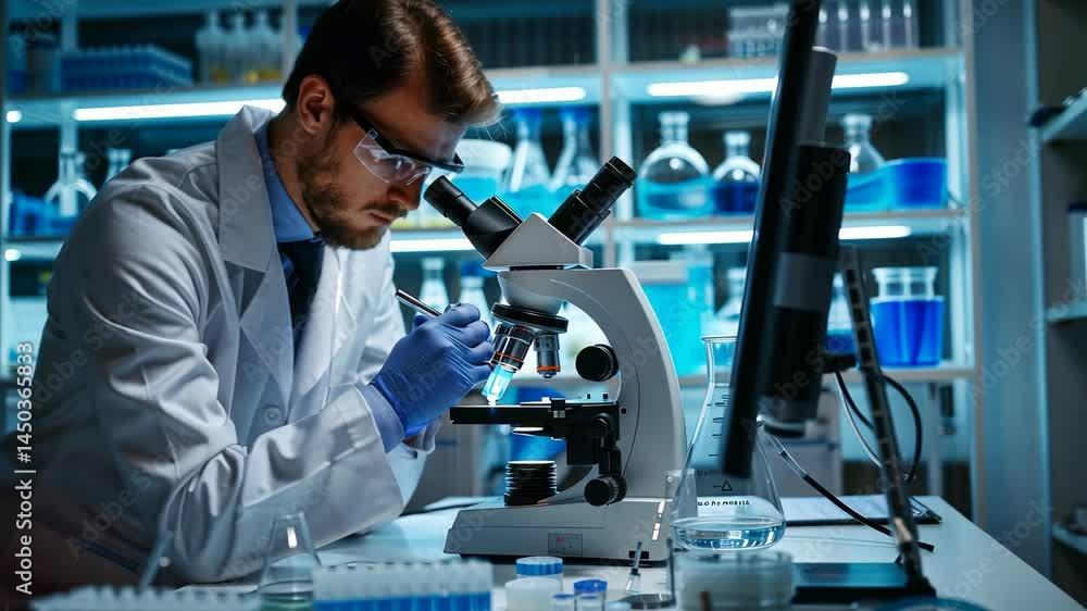 Poster in a bright laboratory, a scientist meticulously examines samples using a microscope, with various s