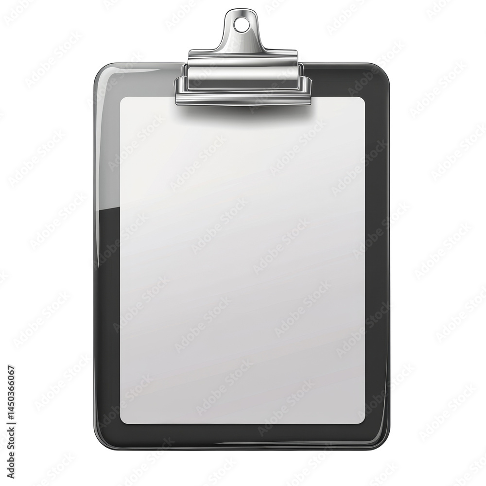 Poster sleek clipboard with a reflective surface and blank sheet for notes isolated