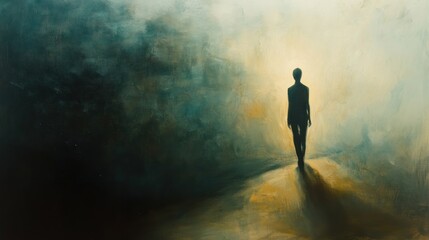 A solitary figure walks towards a light source in a mysterious and ethereal space