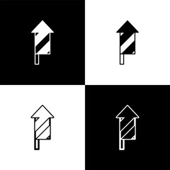 Set Firework rocket icon isolated on black and white background. Concept of fun party. Explosive pyrotechnic symbol. Vector