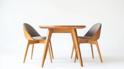 Mid-century wooden table with two retro chairs on white background.