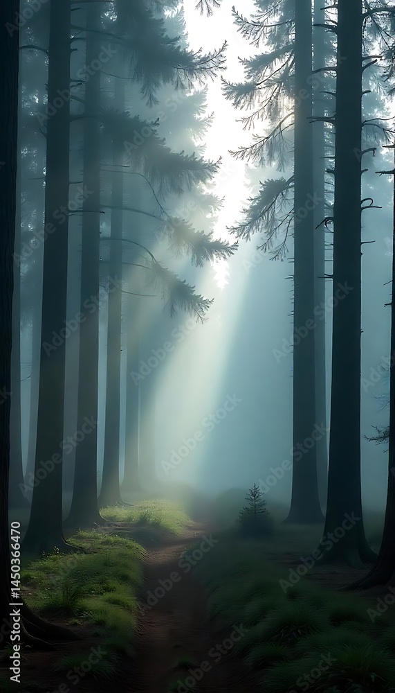 Poster generative ai forest path shrouded in mist and illuminated by sunbeams