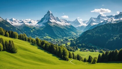 Vibrant green grass covers the alpine mountain landscape under a summer sky with clouds, offering a scenic view of the Alps