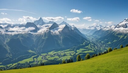 Vibrant green grass covers the alpine mountain landscape under a summer sky with clouds, offering a scenic view of the Alps