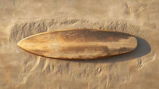 Aged surfboard resting on sandy beach surface.