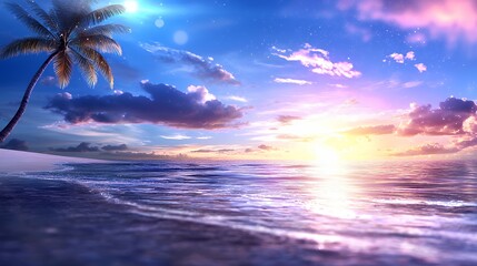 Obraz premium Palm Tree Beach Sunset Scene