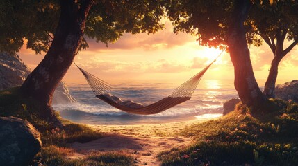 Tranquil sunset scene of a person relaxing in a hammock by the ocean.
