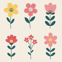 Bright and cheerful minimalist floral motif illustrations featuring various colorful designs within square frames, set against vibrant backgrounds, radiating a fresh, modern, and creative aesthetic.

