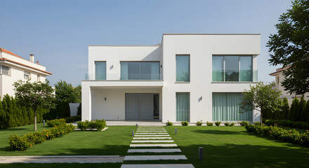 Modern Minimalist Home Exterior With Green Lawn On A Sunny Day