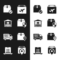 Set Delivery box security shield, Warehouse, Package with check mark, Plane and cardboard, Free delivery service, Location, and Cardboard boxes pallet icon. Vector