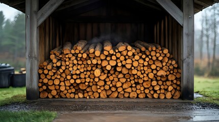 A large stack of firewood is stored under a wooden shelter, ready for the colder season ahead.