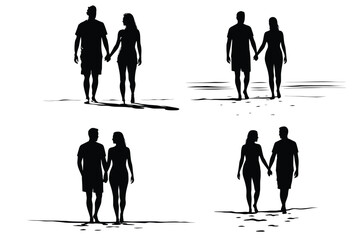 Silhouette of Couples Holding Hands Walking Together on Beach and Pavement