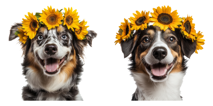 Smiling dogs with sunflower crowns isolated on white PNG image perfect for pet branding or cheerful seasonal graphics