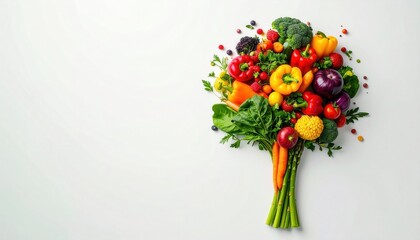 Obraz premium Top down view of a colorful bouquet arrangement of fresh vegetables and fruits on a white background.