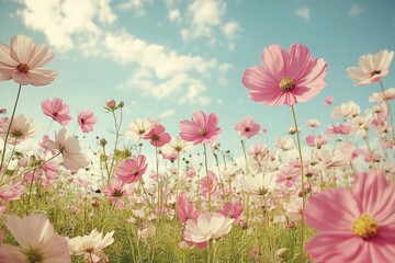 Pink cosmos flowers form a peaceful field beneath a clear sky, creating a serene landscape