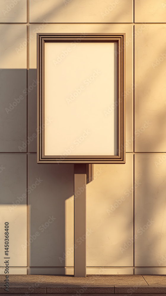 Poster blank square sign on beige wall with shadow, showcasing a mockup for advertisement or text placement