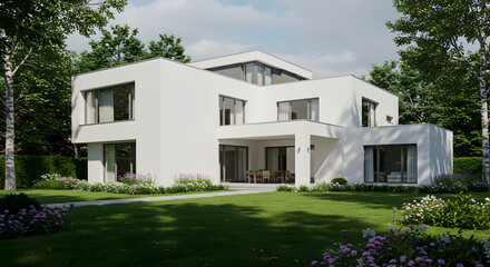 Fototapeta premium Contemporary Home With Landscaped Lawn And Modern Architecture Design