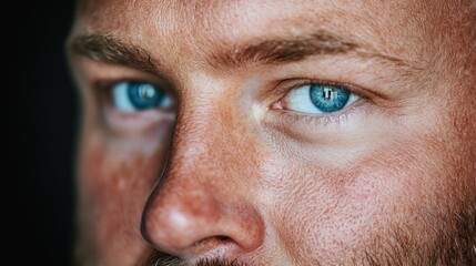 Fototapeta premium Intense Gaze: A Close-Up Portrait of a Man's Striking Blue Eyes