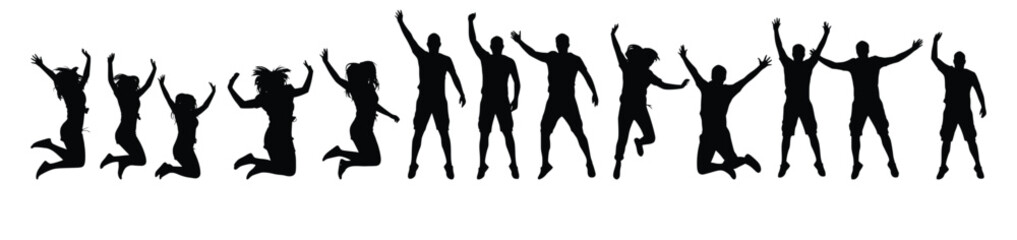 Silhouette of Diverse Group Jumping with Arms Raised Crowd of Excited People Jumping