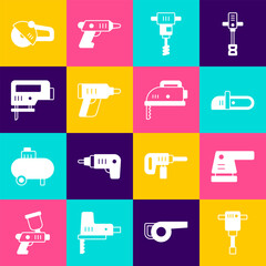 Set Construction jackhammer, Electric sander, Chainsaw, Electrical hand concrete mixer, cordless screwdriver, jigsaw, Angle grinder and icon. Vector