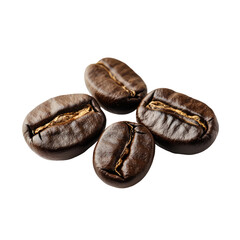 Obraz premium Roasted coffee beans, close-up view, four beans arranged in a loose cluster, dark brown, glossy surface, visible texture and fissures