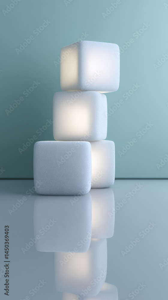 Poster Three white textured cubes stacked, illuminated from within, creating a minimalist, clean display perfect for product showcase or branding