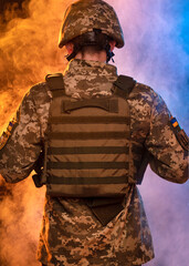 Kyiv, Ukraine. July 13, 2022. Armed Forces of Ukraine. A close-up photo of a military man in the...
