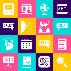 Set Magnifying glass, Exam sheet, Hola different languages, Earth globe, listen sound signal, Salut, Video with subtitles and Two sitting men talking icon. Vector © vector_v