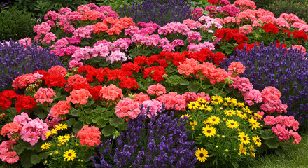 Vibrant Floral Landscape With Diverse Blooms And Textural Greenery