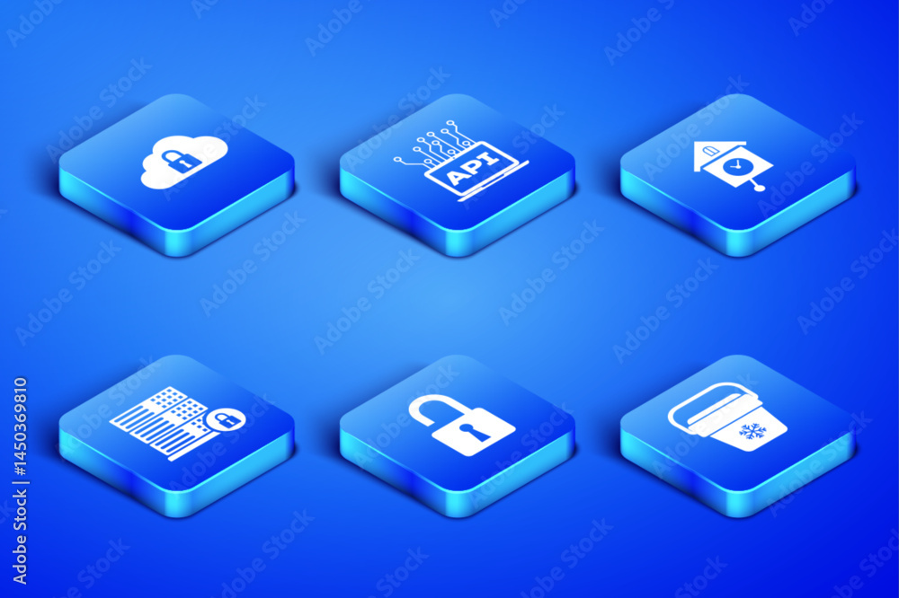 Poster set cooler bag, cloud computing lock, open padlock, server security with, computer api interface and