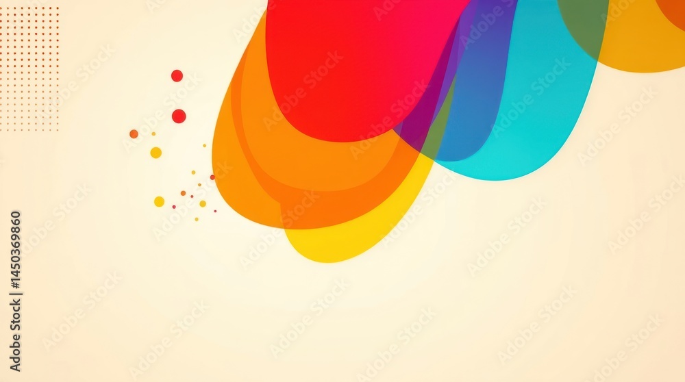 Poster abstract colorful overlapping shapes on beige background with scattered dots