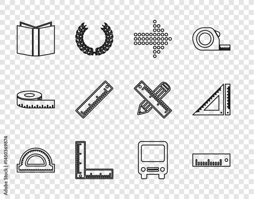 Poster set line protractor grid, ruler, dots arrow, folding ruler, open book, bus and triangular icon. vect