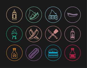 Set line Ketchup bottle, Barbecue fire flame, Crossed hot chili pepper pod, grill, Mustard, knife and spatula and Hot icon. Vector