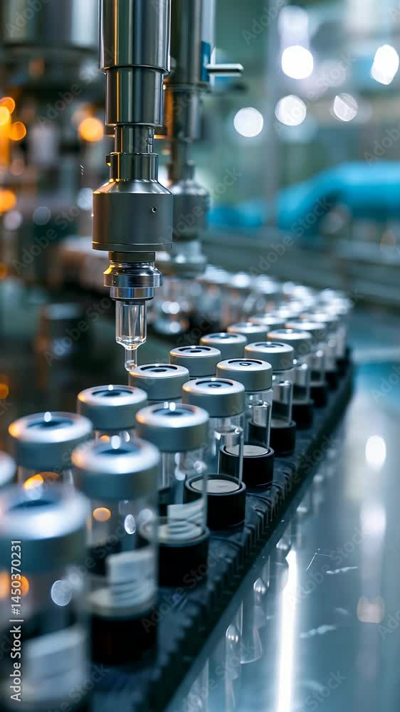 Poster the image shows an automated process of filling small vials in a clean manufacturing environment. th